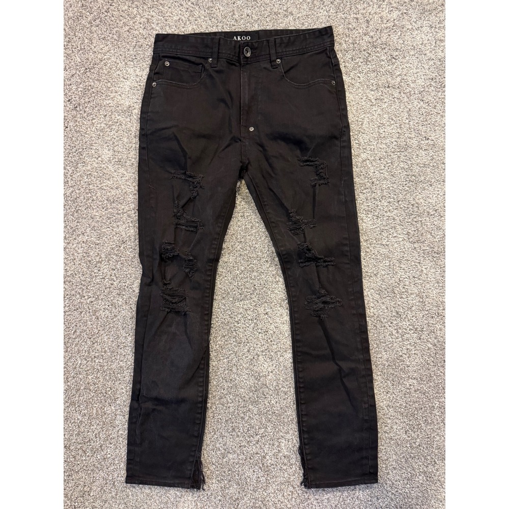 AKOO Jeans Mens 32 Black Distressed Slim Fit Ripped Denim Streetwear Pants *